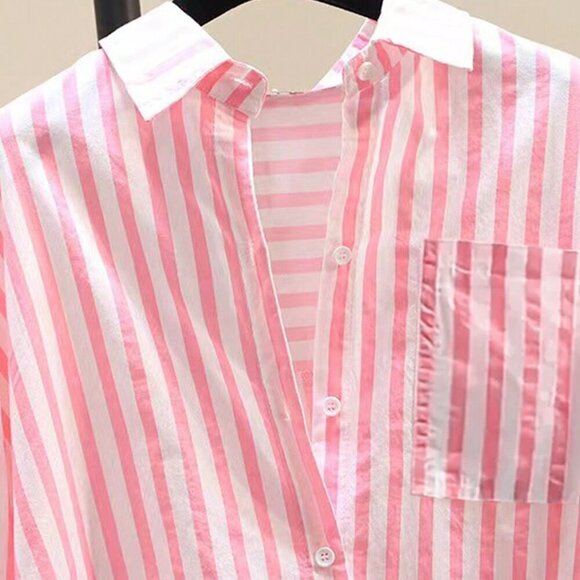 Pink Casual Women's Striped Print Long Sleeve Chest Pocket Shirt - Picture 3 of 3